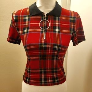 Plaid punk polo shirt w/ O-ring zipper - sz S - Dolls Kill - Rock Rose Couture
